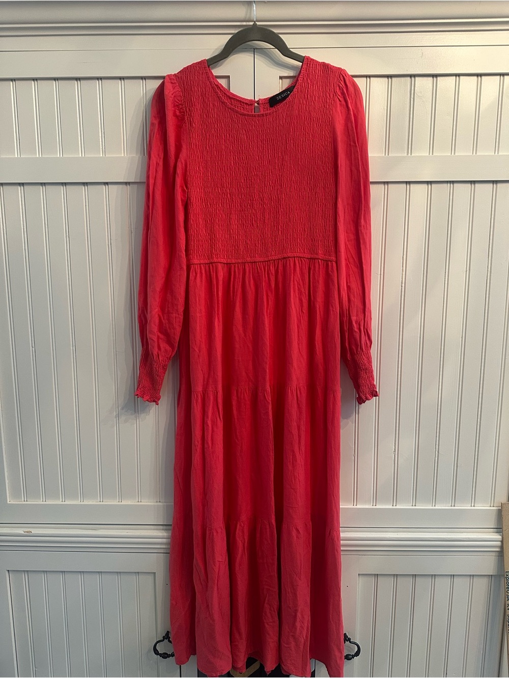 Zesica Smocked Bodice Long Sleeve Maxi Dress in Coral